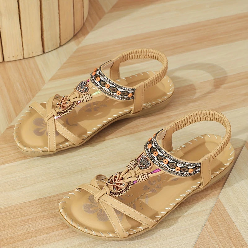 Women’s Boho Beaded Strap Sandals – Casual Summer Walking Shoes