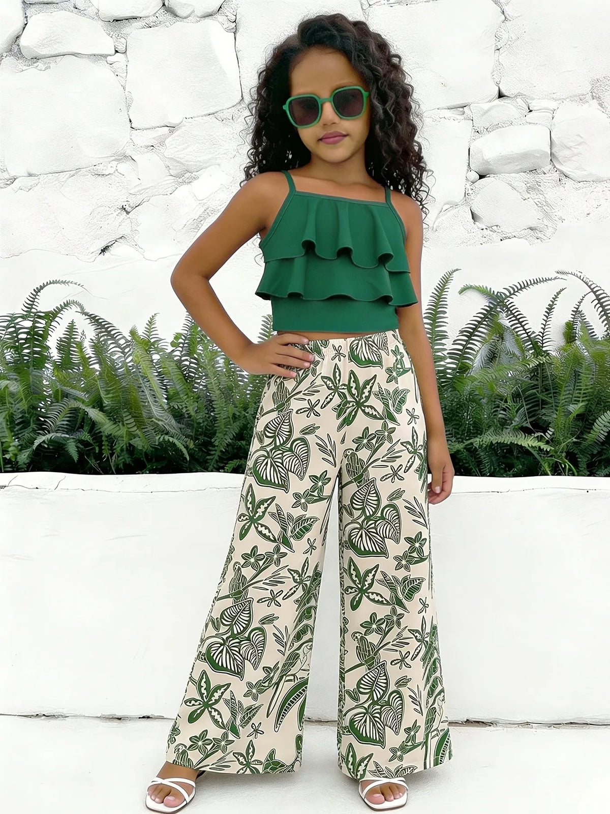 Girls' Tropical Ruffle Top & Palazzo Pants Set