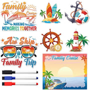 A set of tropical family cruise-themed stickers and markers on a white background. The stickers include designs with a cruise ship, surfboards, an anchor, a ship's wheel, sunglasses with a cruise scene, a lighthouse, and a sunset ocean scene with a cruise ship.
