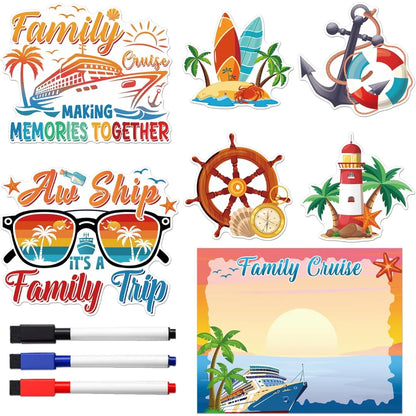 A set of tropical family cruise-themed stickers and markers on a white background. The stickers include designs with a cruise ship, surfboards, an anchor, a ship's wheel, sunglasses with a cruise scene, a lighthouse, and a sunset ocean scene with a cruise ship.