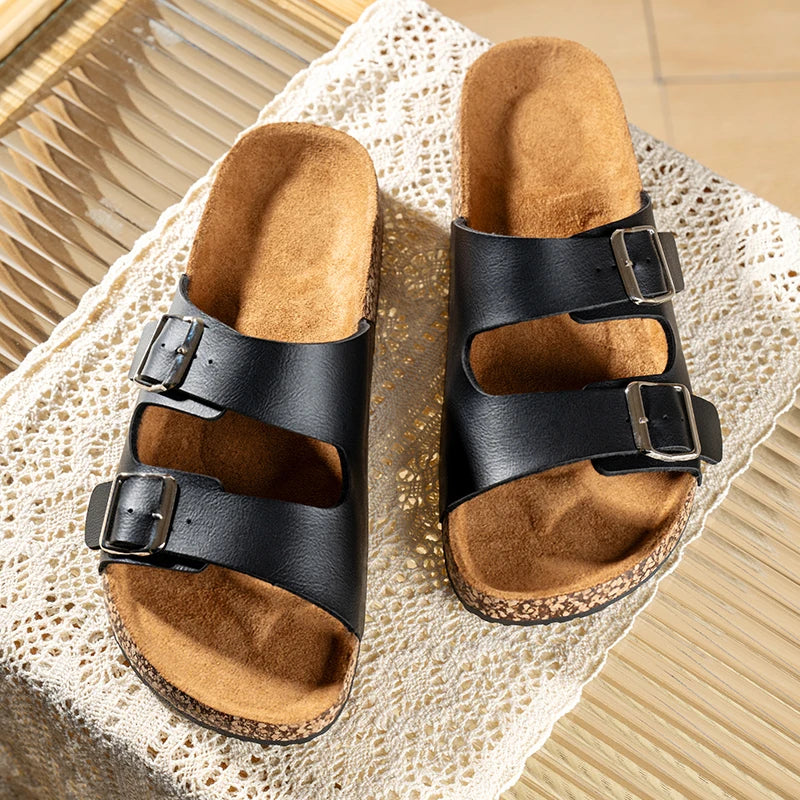 Men’s Double – Buckle Cork Slides – Comfortable Summer Sandals – White – 40
