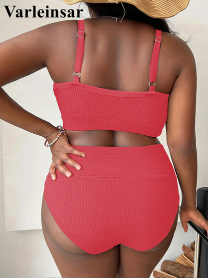 Women’s Plus Size Ribbed Bikini Set – High Waist, Crisscross Top