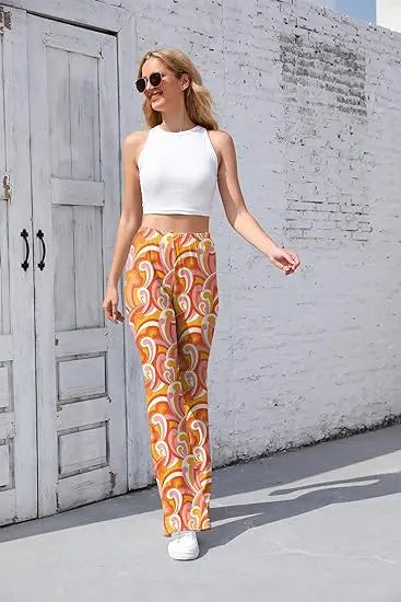 Women’s 70s Floral Bell Bottom Pants – High – Waist Flare Trousers – Red-floral – L