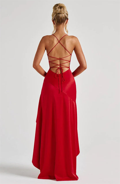 Women’s Satin Spaghetti Strap Maxi Dress – Ruffle Thigh Split, Backless