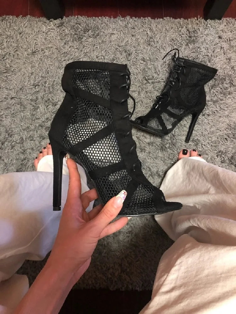 Women’s Mesh Lace-Up Heels – Peep Toe, High Heel