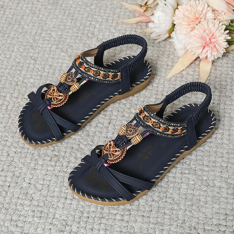 Women’s Boho Beaded Strap Sandals – Casual Summer Walking Shoes
