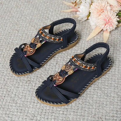 Women’s Boho Beaded Strap Sandals – Casual Summer Walking Shoes