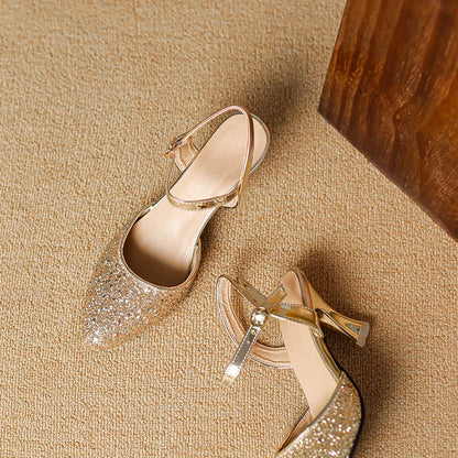 Women's Glitter Closed-Toe Kitten Heels with Ankle Strap