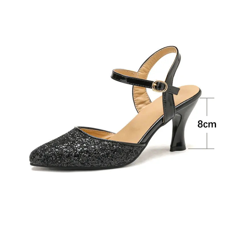 Women's Glitter Closed-Toe Kitten Heels with Ankle Strap