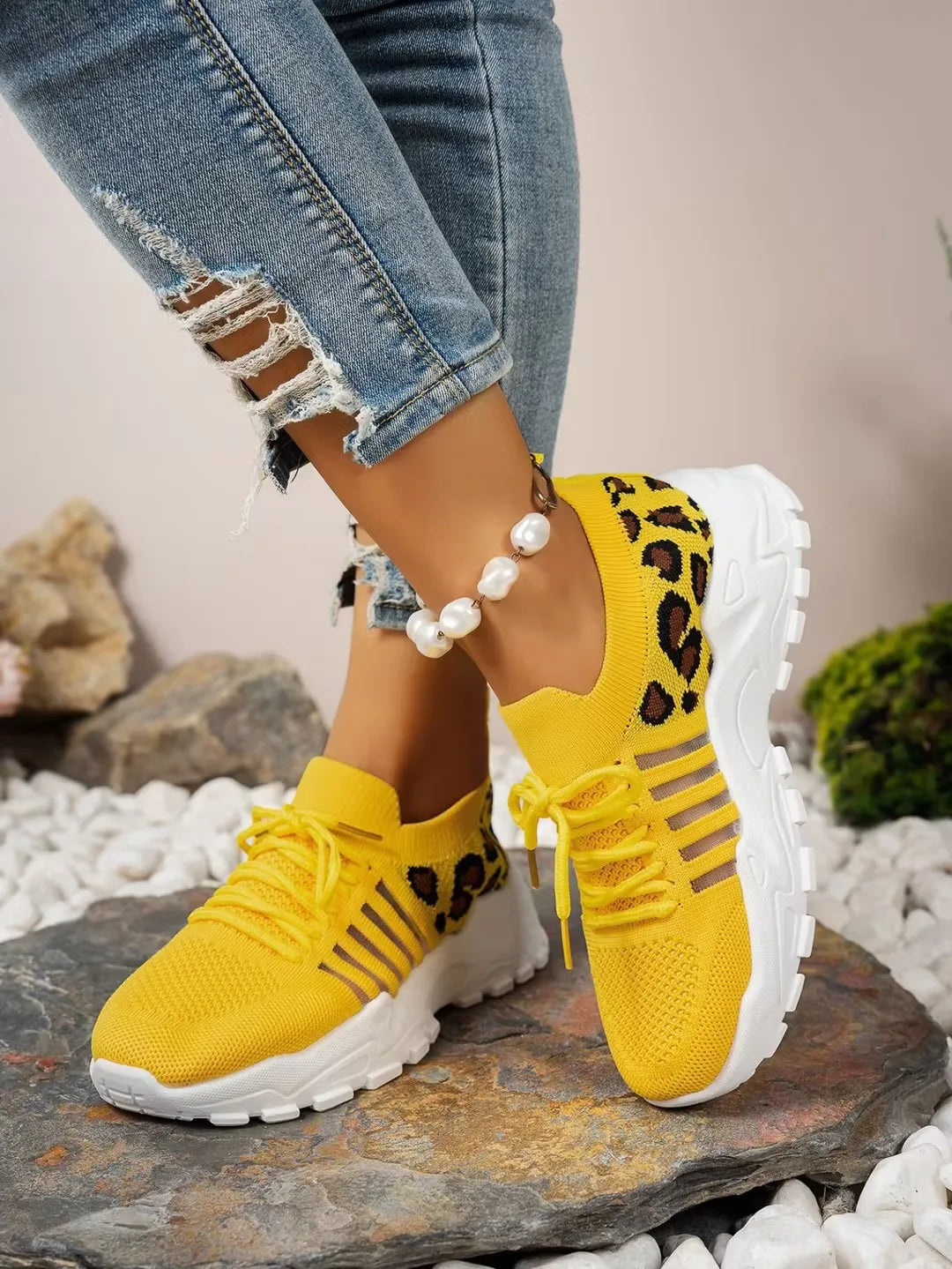 Women's peek-a-boo mesh Leopard print sneakers