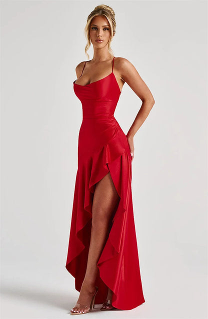 Women’s Satin Spaghetti Strap Maxi Dress – Ruffle Thigh Split, Backless