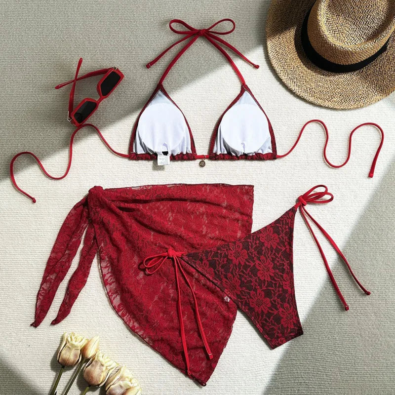 Women’s Lace Triangle Bikini Set with Cover-Up – 3 Piece