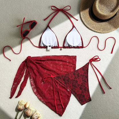 Women’s Lace Triangle Bikini Set with Cover-Up – 3 Piece
