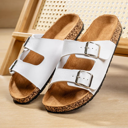 Men’s Double – Buckle Cork Slides – Comfortable Summer Sandals – White – 41