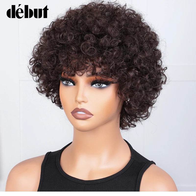 Short Curly Human Hair Wig with Bangs – Natural Brown Pixie Style