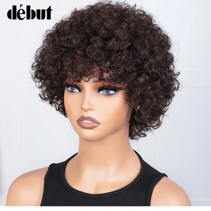 Short Curly Human Hair Wig with Bangs – Natural Brown Pixie Style