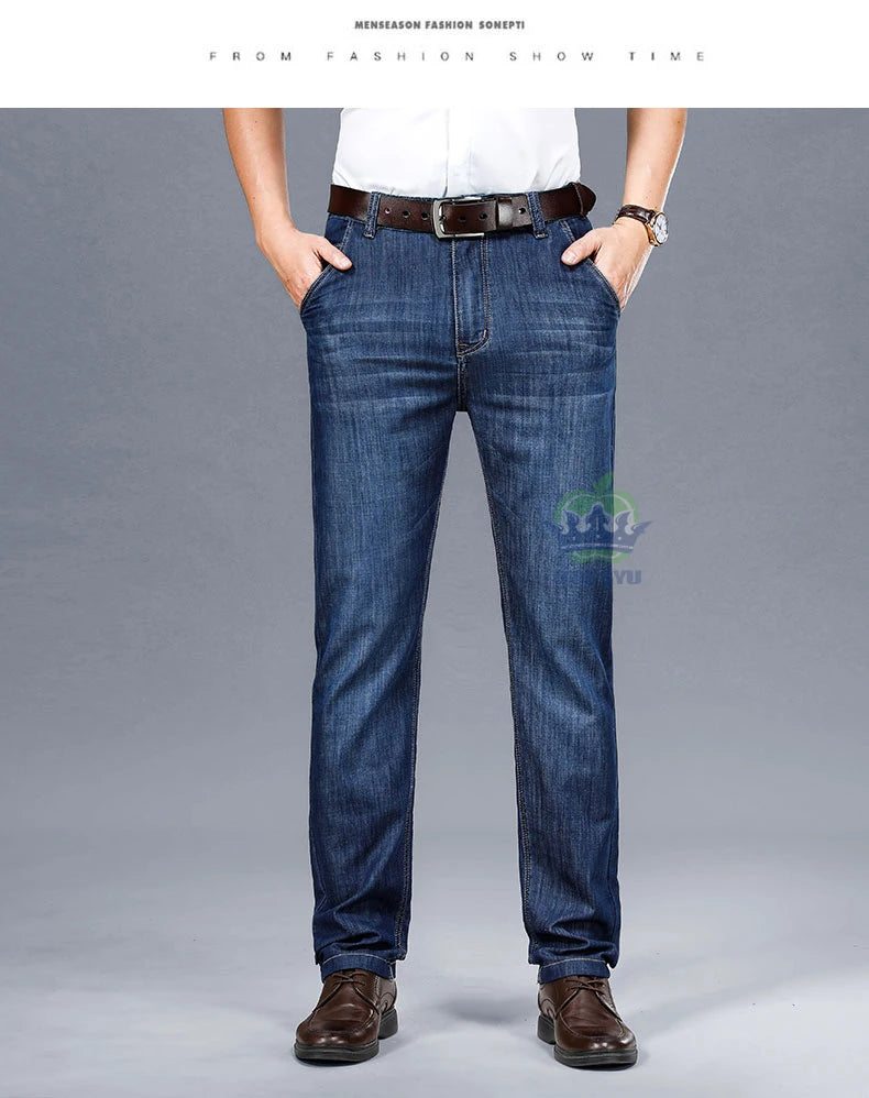 Brand Clothing High Quality Summer Cotton Men's Jeans Classic Business Straight Denim Black Pants Work Trouser Male Plus size 40