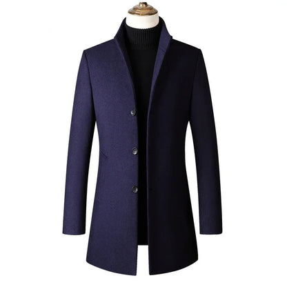 Navy blue coat on a mannequin with a white background