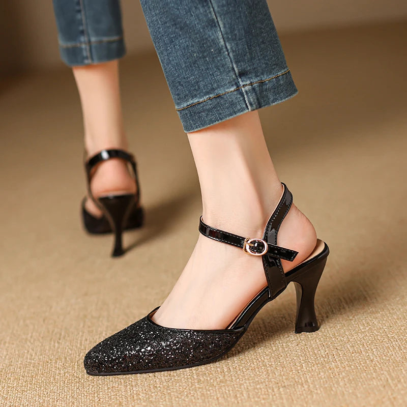 Women's Glitter Closed-Toe Kitten Heels with Ankle Strap