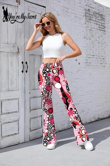 Women’s 70s Floral Bell Bottom Pants – High – Waist Flare Trousers – Pink-retro – M