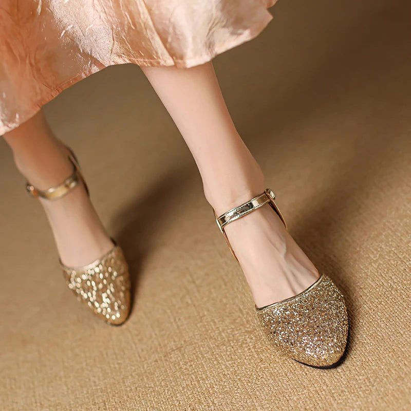 Women's Glitter Closed-Toe Kitten Heels with Ankle Strap
