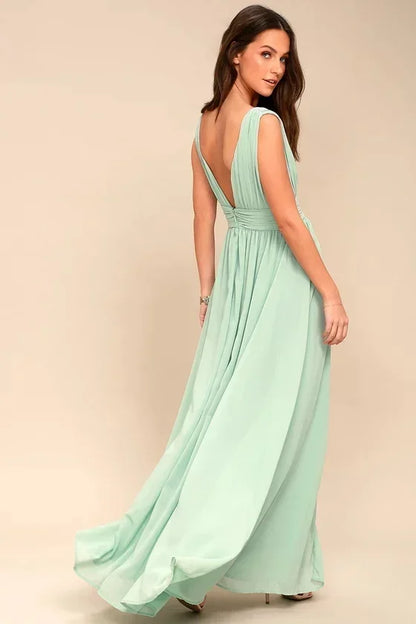 Backless Deep-V Chiffon Maxi Dress – Flowy Slit Evening Gown