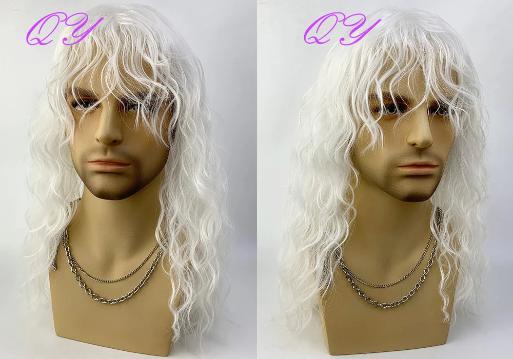 Synthetic Men Wig Natural Curly Dark Brown Color Male Wig With Bangs Water Wave Daily or Cosplay Adjustable Man Hair Wig