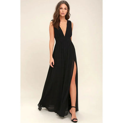 Backless Deep-V Chiffon Maxi Dress – Flowy Slit Evening Gown