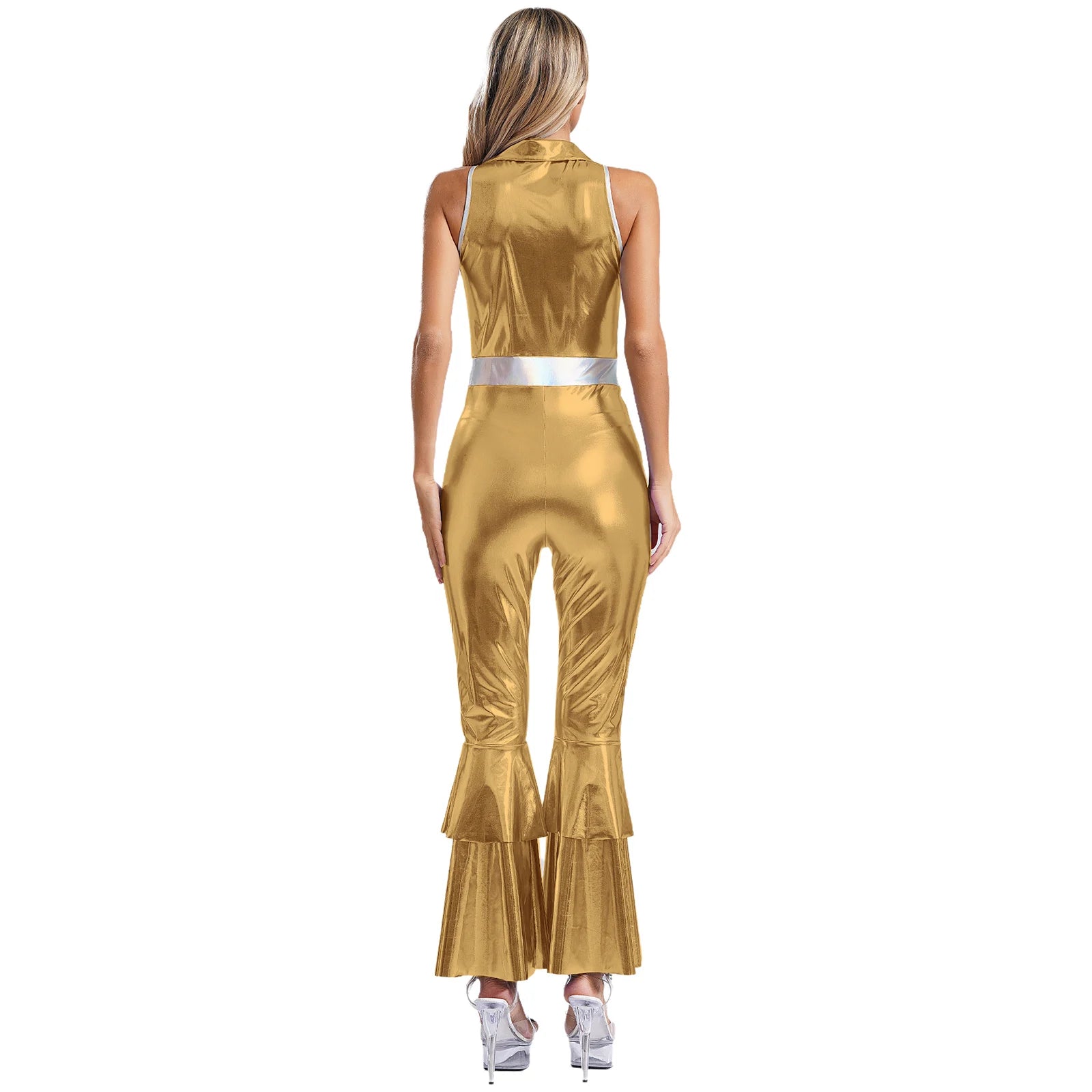 Women’s 70s Metallic Disco Jumpsuit – Sleeveless High – Waist Flared Costume – Hot Pink – XXL