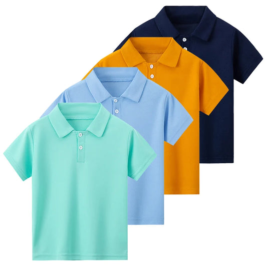 Four colorful polo shirts in blue, green, orange, and navy on a white background