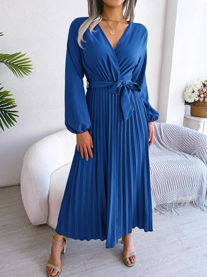 Women’s Pleated V-Neck Maxi Dress – Long Sleeve, Belted Waist