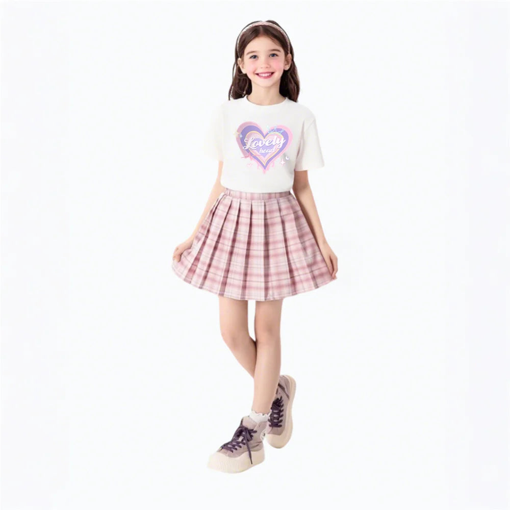 Girls’ T-Shirt & Plaid Skirt Set – 2 Piece Outfit