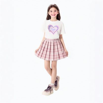 Girls’ T-Shirt & Plaid Skirt Set – 2 Piece Outfit