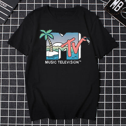 Men’s 80s Graphic T – Shirt – Retro Music Print Tee – Black Classic Logo – 3XL