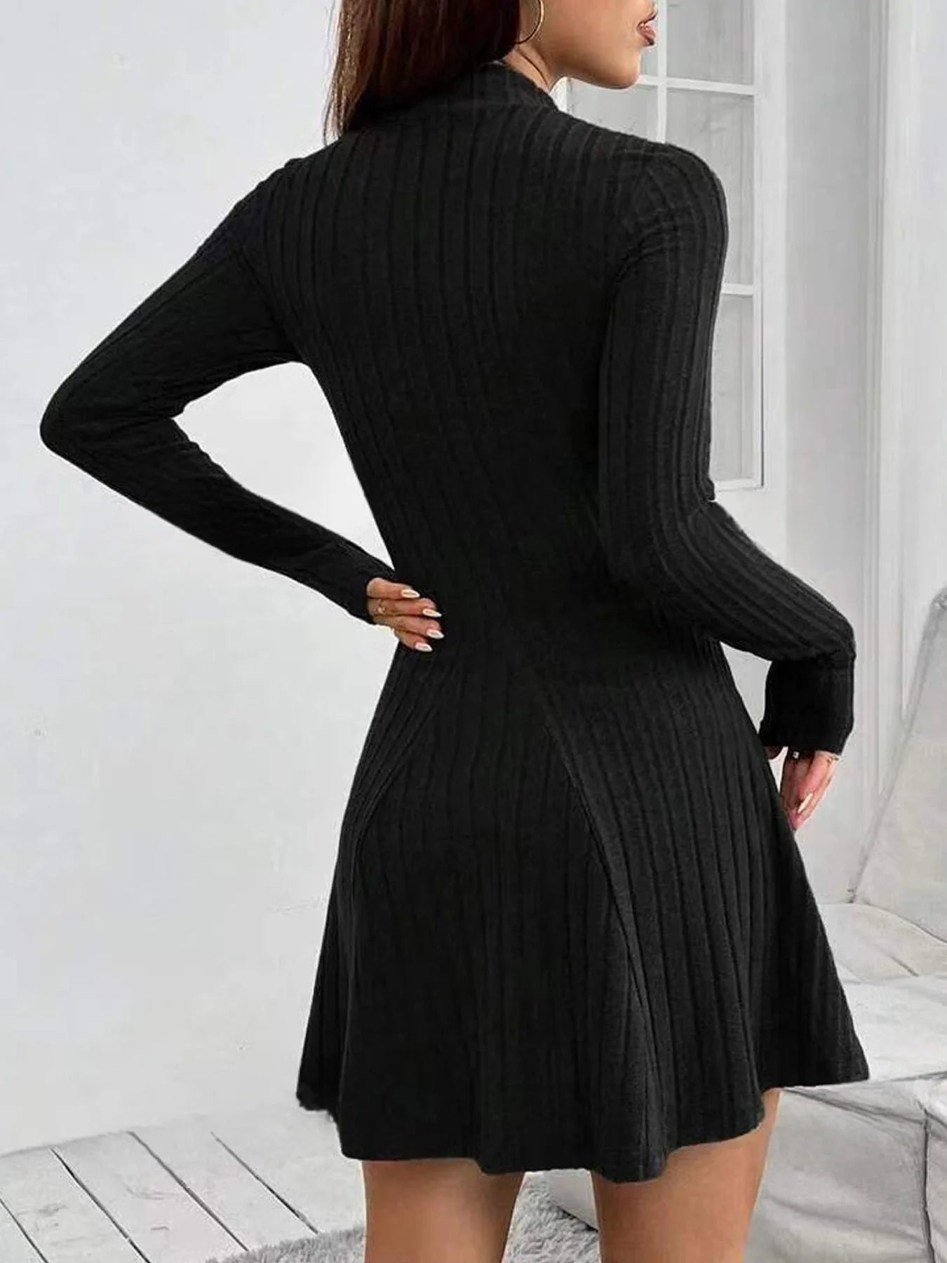 Women’s Ribbed A-Line Knit Mini Dress – Long Sleeve, Mock Neck, Slim Fit