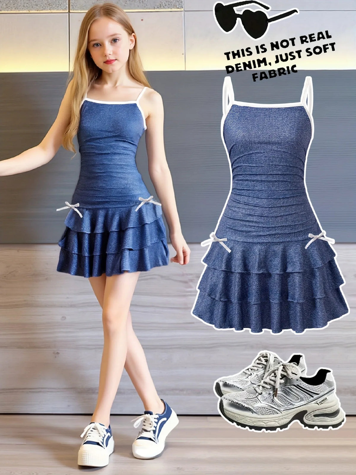 Girls' Denim-Look Ruffle Mini Dress