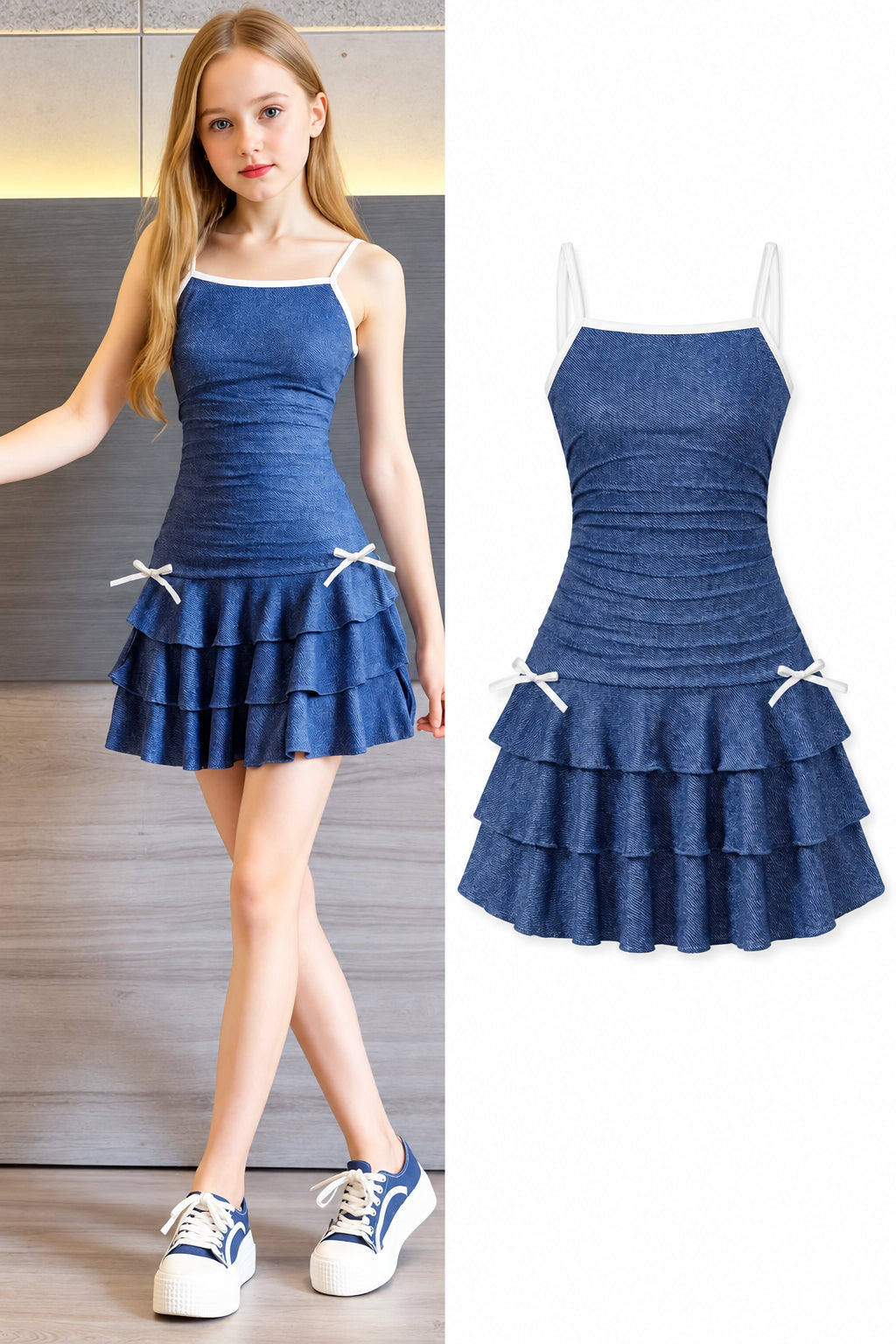 Girls' Denim-Look Ruffle Mini Dress