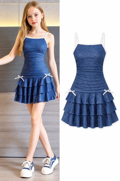 Girls' Denim-Look Ruffle Mini Dress