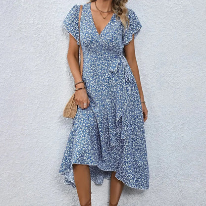 Printed Wrap-Style Tie-Side Vacation Dress