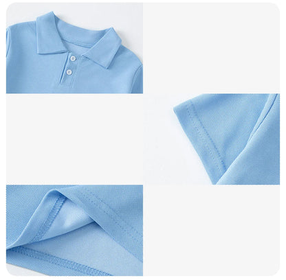 Blue polo shirt with text highlighting fashion lapel, comfortable cuff, and fine workmanship.