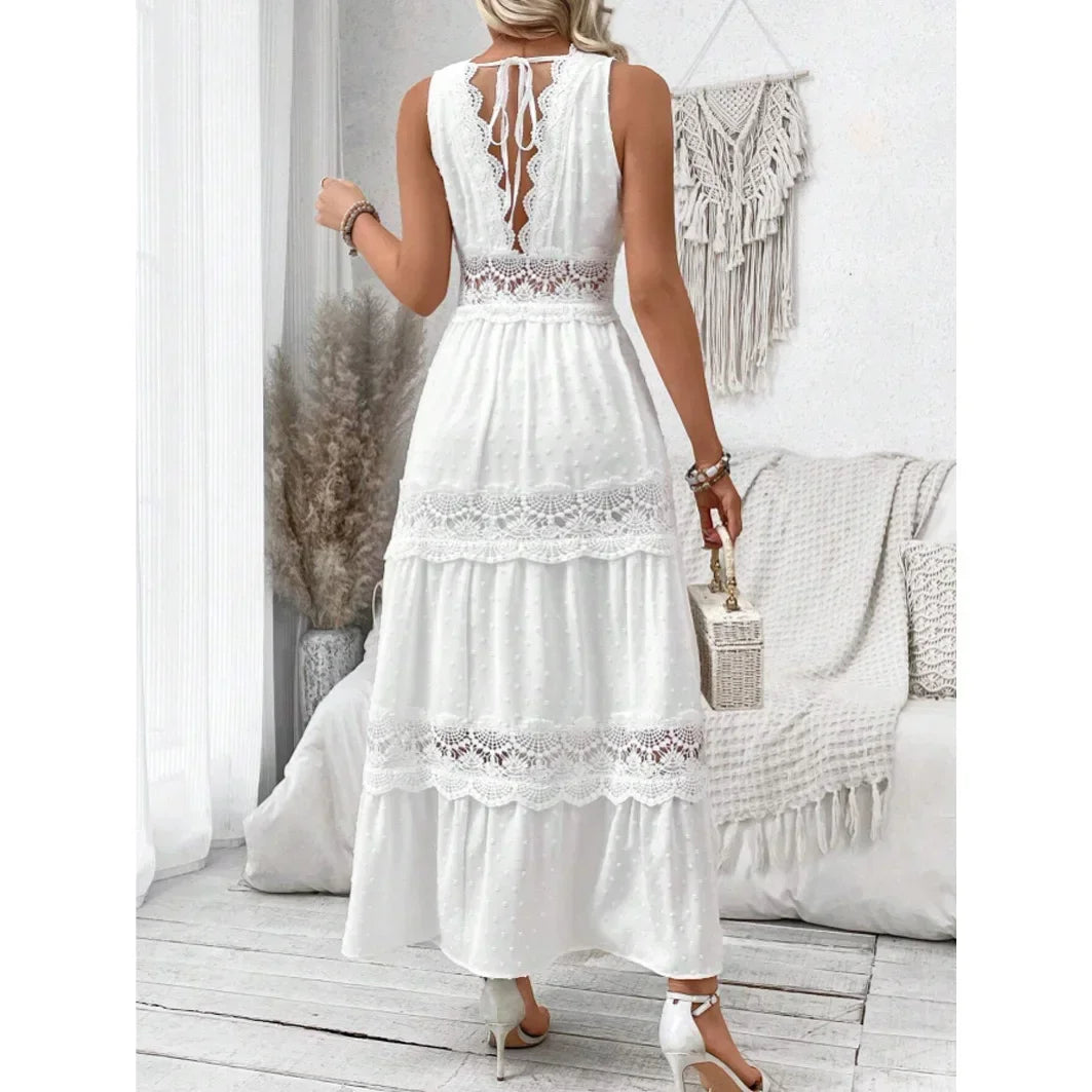 Women’s Lace V-Neck Maxi Dress – High Waist, Ankle Length