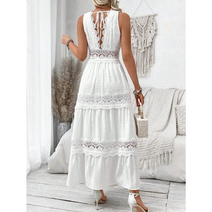 Women’s Lace V-Neck Maxi Dress – High Waist, Ankle Length