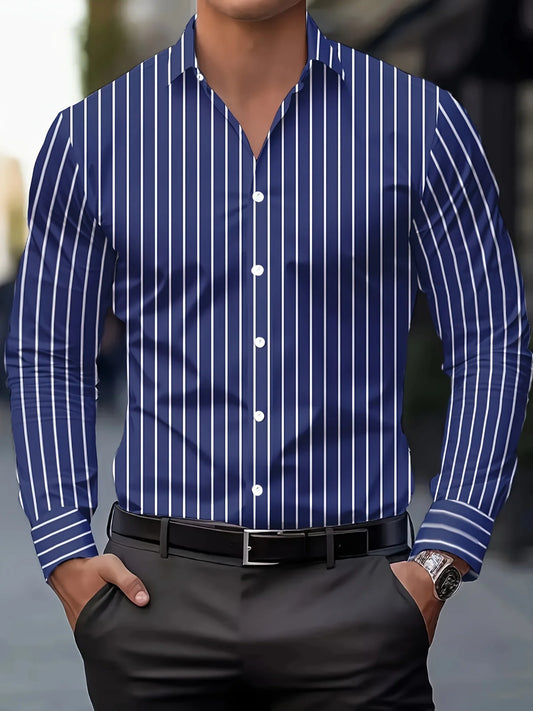 Men’s Slim Fit Stretch Dress Shirt with Stripes – Long Sleeve Button-Up Top - The Dock Drop