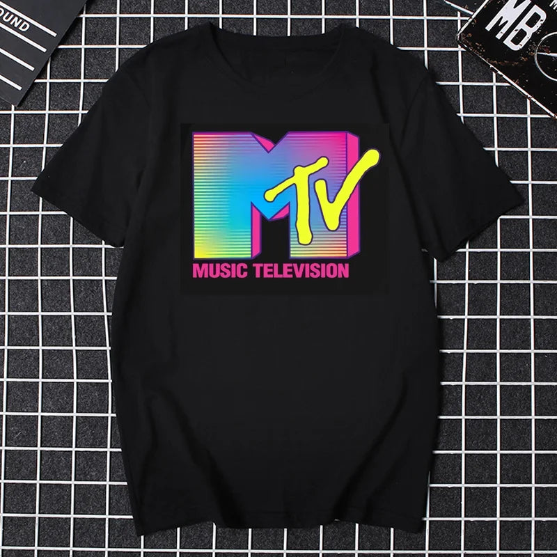 Men’s 80s Graphic T – Shirt – Retro Music Print Tee – Black Neon Print – XL