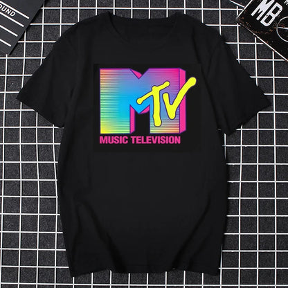 Men’s 80s Graphic T – Shirt – Retro Music Print Tee – Black Neon Print – XL