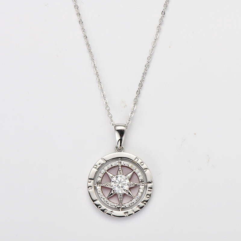 Women’s Sterling Silver Compass Necklace – 6.5mm Cubic Zirconia Pendant
