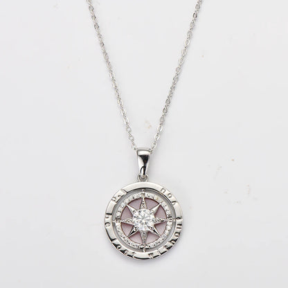 Women’s Sterling Silver Compass Necklace – 6.5mm Cubic Zirconia Pendant