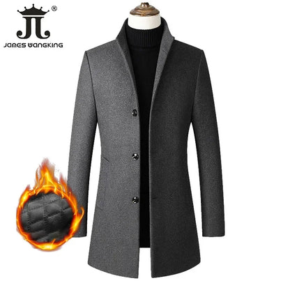 Men’s Wool-Blend Winter Overcoat – Stand Collar, Slim Long Coat