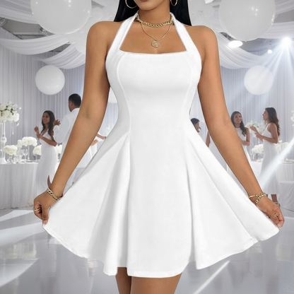 Women’s & Teens Square Neck Pleated Mini Dress – Halter A-Line