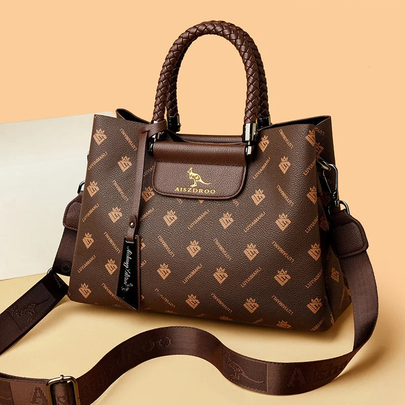Elegant Pattern Tote – Kangaroo Brown Shoulder Handbag with Braided Handle